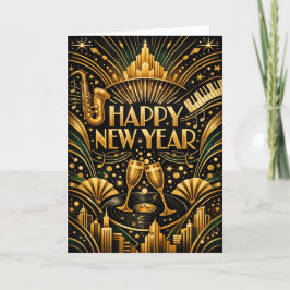 Art Deco Jazz Gold Happy New Year Helgkort