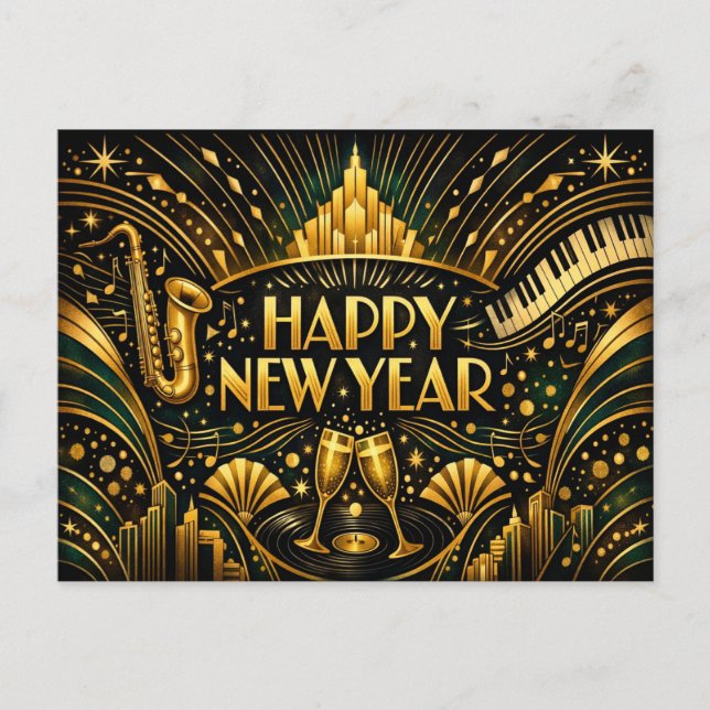 Art Deco Jazz Guld Gott Nytt År Helg Vykort (Framsida)
