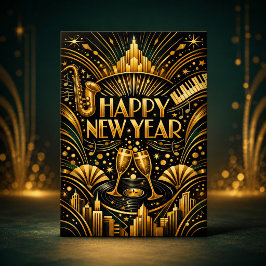 Art Deco Jazz Guld Gott Nytt År Helgkort