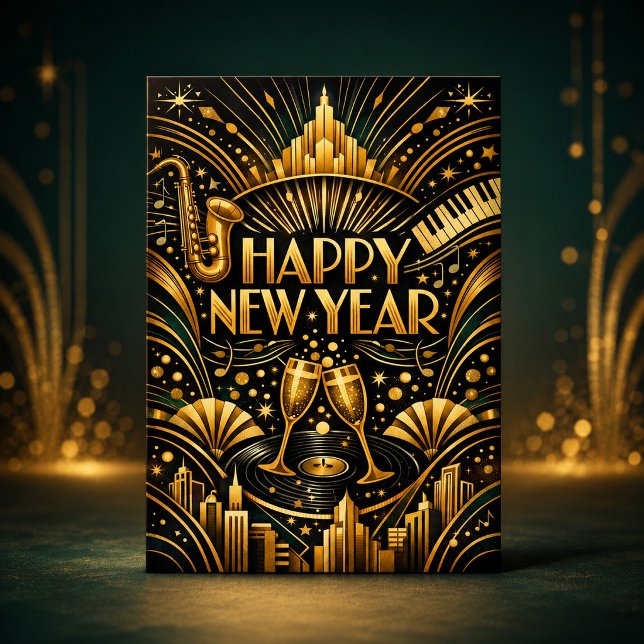 Art Deco Jazz Guld Gott Nytt År Helgkort (Skapare uppladdad)