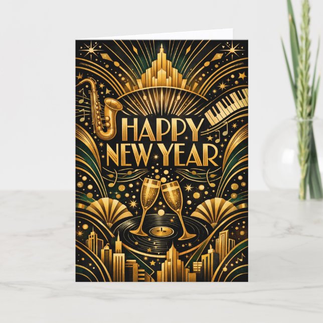 Art Deco Jazz Guld Gott Nytt År Helgkort (Framsida)