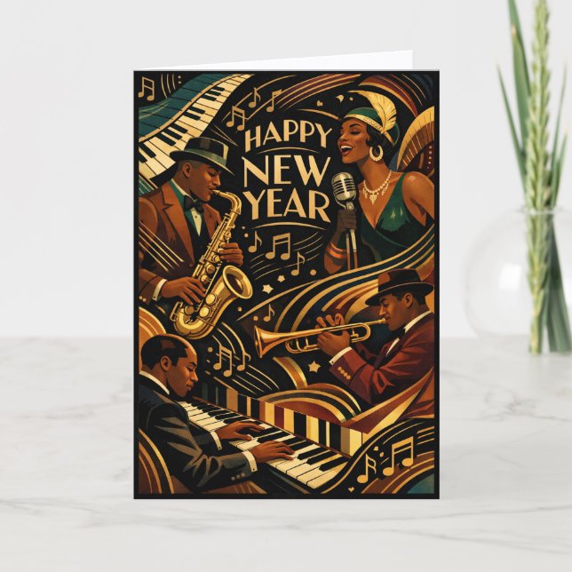 Art Deco Jazz Music Happy New Year Helgkort (Framsida)