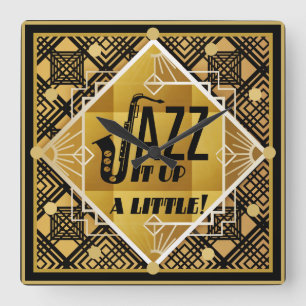 Art Deco JAZZ Saxophone Black Guld 1920s Music Fyrkantig Klocka