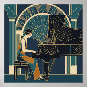 Art Deco Jazz Trio Affisch Saxofon Trumpet Sång
