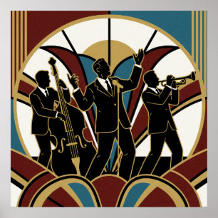 Art Deco Jazz Trumpet Solstråle Affisch Guld