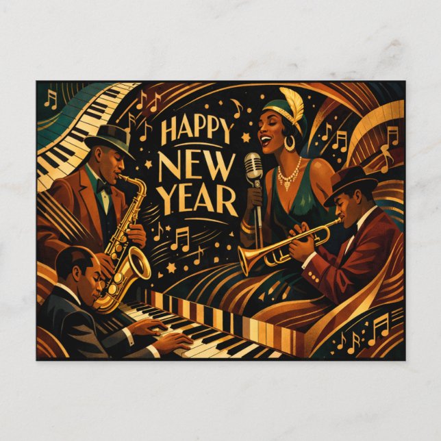 Art Deco Jazzmusik Gott Nytt År Helg Vykort (Framsida)