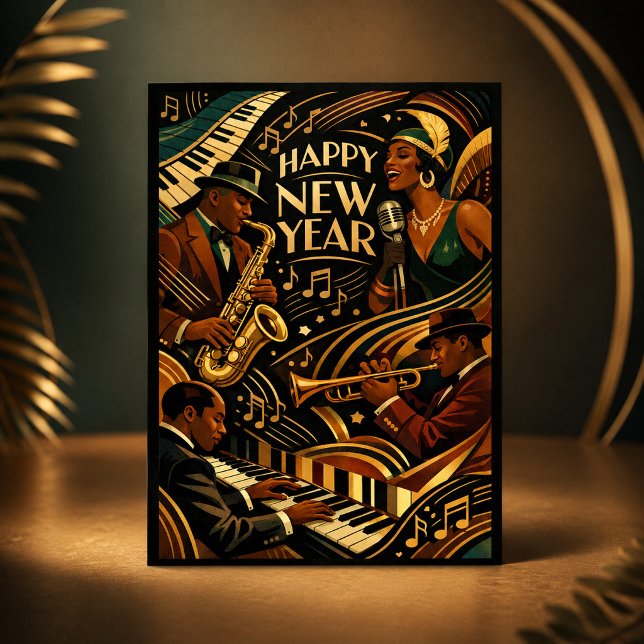Art Deco Jazzmusik Gott Nytt År Helgkort (Skapare uppladdad)
