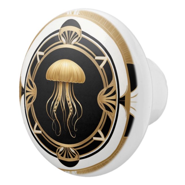 Art Deco Jellyfish Black White Guld Jelly Fish Knopp (Höger)