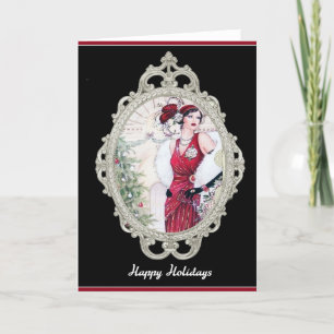 Art Deco jul flapperkvinna i rött Helgkort