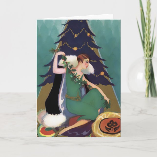 Art Deco Julafton, Pascaline i Teal, Guld och flot Helgkort (Framsida)