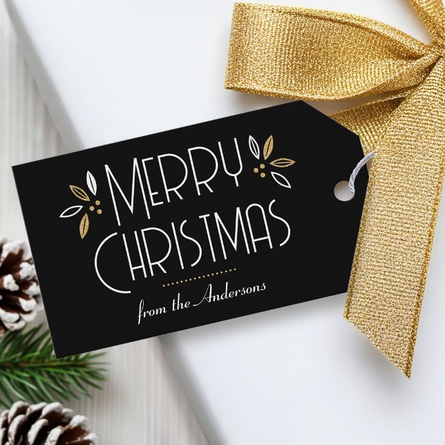 Art Deco-julens Elegant Typography Black Guld Presentetikett (Skapare uppladdad)