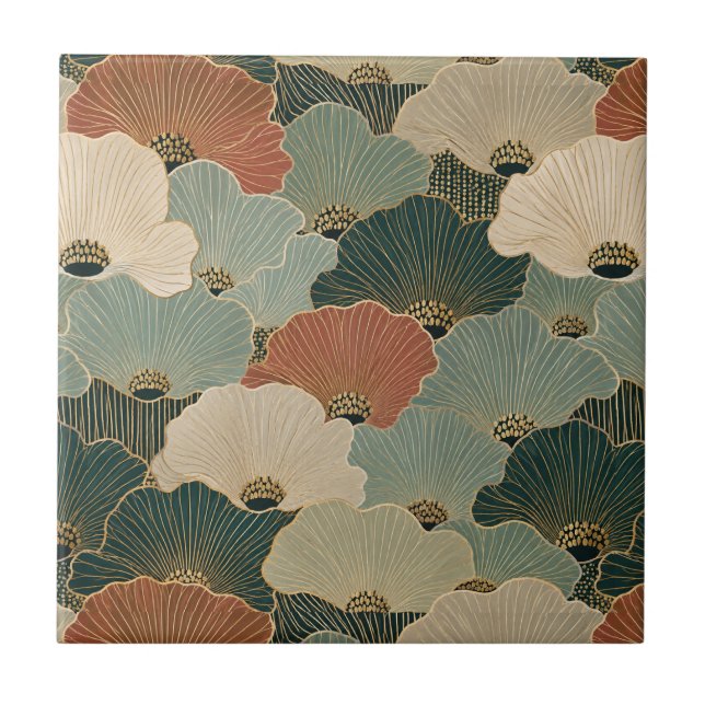 Art deco kammusslor Teal marinblå terrakotta Kakelplatta (Framsidan)