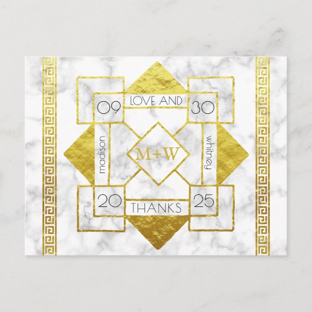 Art Deco Kärlek och tack Bröllop Marble Gold Foil Vykort (Framsida)