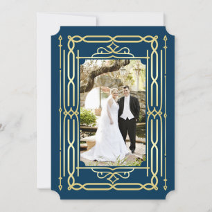 Art Deco Kärlek & tack Guld Blue Photo Tack Kort