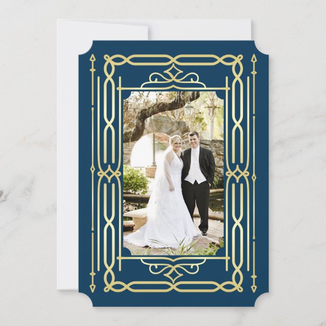 Art Deco Kärlek & tack Guld Blue Photo Tack Kort (Framsida)