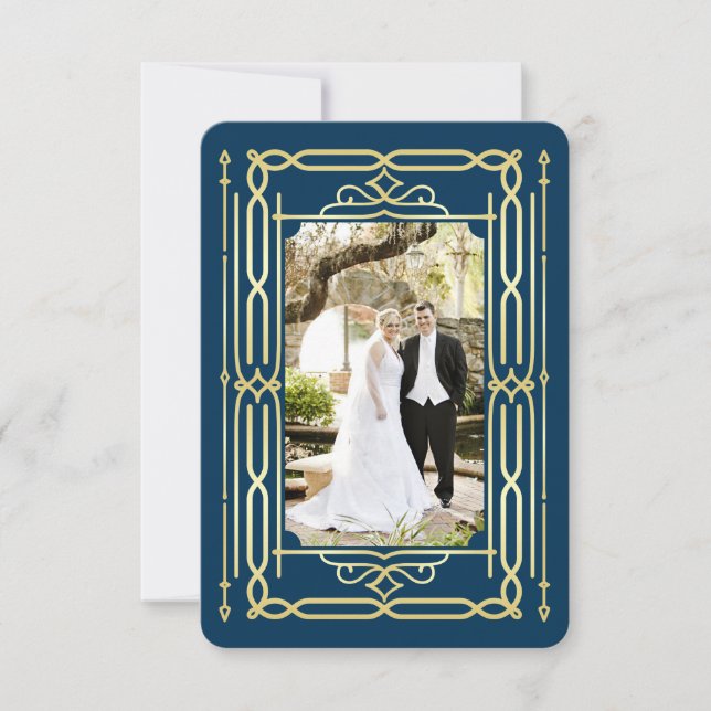 Art Deco Kärlek & tack Guld Blue Photo Tack Kort (Framsida)