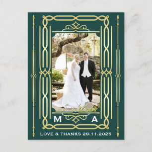 Art Deco Kärlek & Tack Guld Grönt Photo Tack Vykort