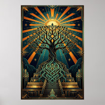 Art Deco Keltisk Livsträd Pyramid Guld Teal