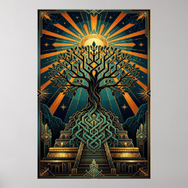 Art Deco Keltisk Livsträd Pyramid Guld Teal Poster