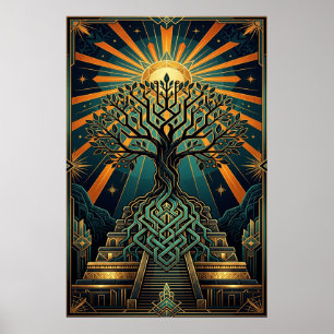 Art Deco Keltisk Livsträd Pyramid Guld Teal Poster