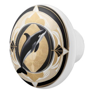 Art Deco Killer Whale Black White Guld Orca Knopp