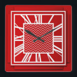 Art Deco, kinesisk röd Fyrkantig Klocka<br><div class="desc">Art Deco,  kinesisk röd,  3-dimensionell väggklocka med vita nummer - digital grafik</div>