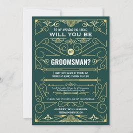 Art Deco kommer du att bli min Groomsman Guld Grön Inbjudningar