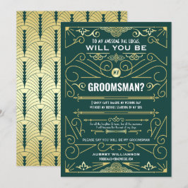 Art Deco kommer du att bli min Groomsman Guld Grön Inbjudningar