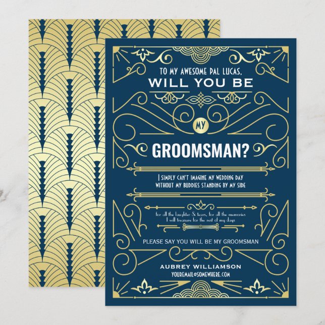 Art Deco kommer du att bli min Groomsman Guld Mörk Inbjudningar (Fram/baksida)