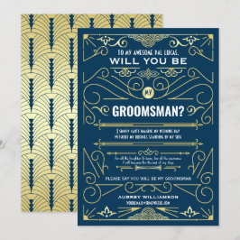 Art Deco kommer du att bli min Groomsman Guld Mörk Inbjudningar