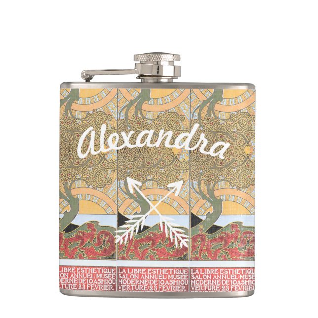 Art Deco-korsad pil Swirl Träd Fickplunta (Framsidan)