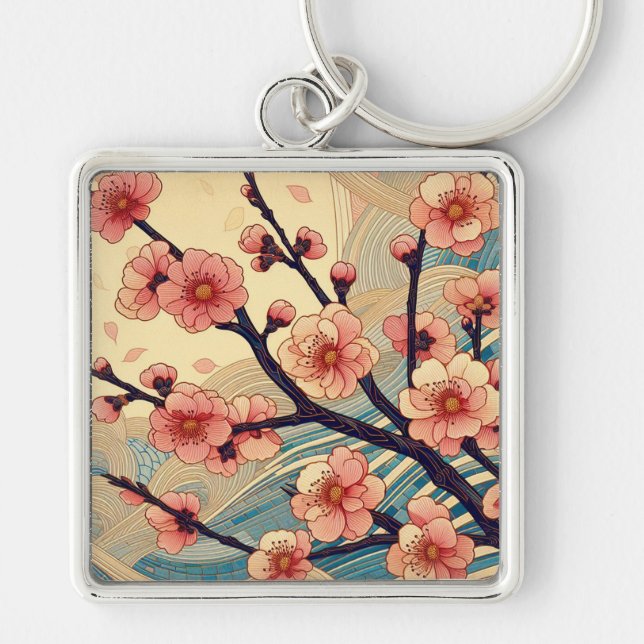 Art Deco Körsbärsblomknapp Fyrkantig Silverfärgad Nyckelring (Framsidan)