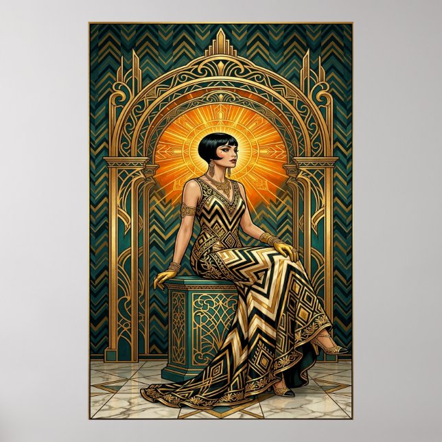 Art Deco Körsbärsblomstrande Tron Guld Poster (Framsidan)