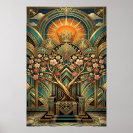 Art Deco Körsbärsblomstrande Tron Träd Guld Teal Poster