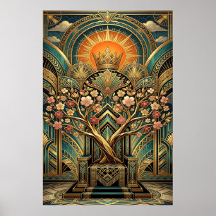 Art Deco Körsbärsblomstrande Tron Träd Guld Teal Poster