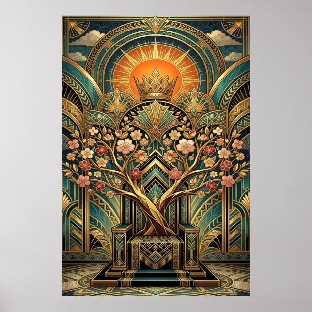 Art Deco Körsbärsblomstrande Tron Träd Guld Teal Poster (Framsidan)