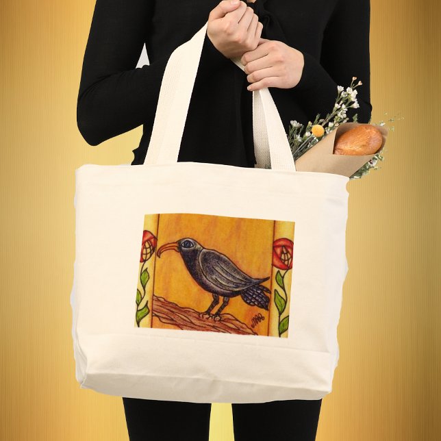Art Deco Kråka och Ro Bag Jumbo Tygkasse (Black Crow on Branch bordered with Red abstract flowers on stems golden background on tote bag.)