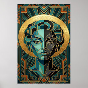 Art Deco Kubistisk Kvinna Ansikte Guld Teal Affisc Poster