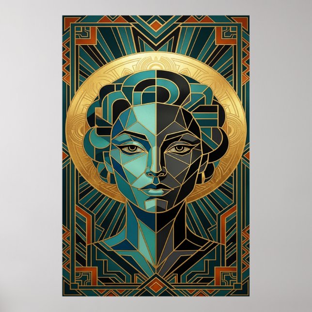 Art Deco Kubistisk Kvinna Ansikte Guld Teal Affisc Poster (Framsidan)