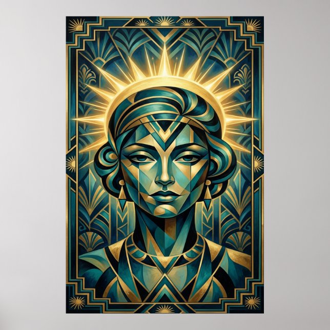 Art Deco Kubistisk Kvinna Solnedgång Guld Teal Aff Poster (Framsidan)