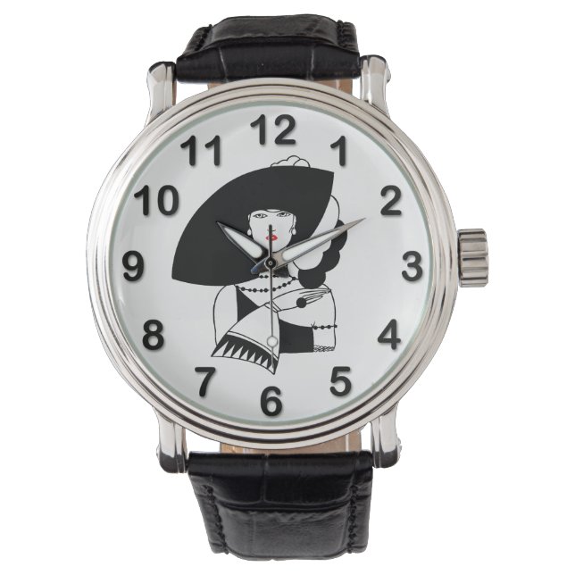 Art Deco Kvinna i stor hatt Handskar RL Armbandsur (Framsida)