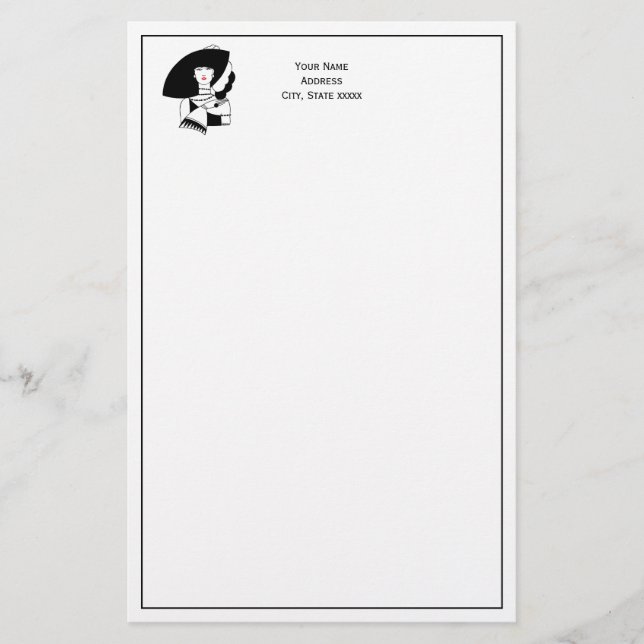 Art Deco Kvinna i stor hatt Handskor RL Brevpapper (Framsida)