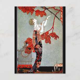 Art Deco-kvinna och papegojan Vykort