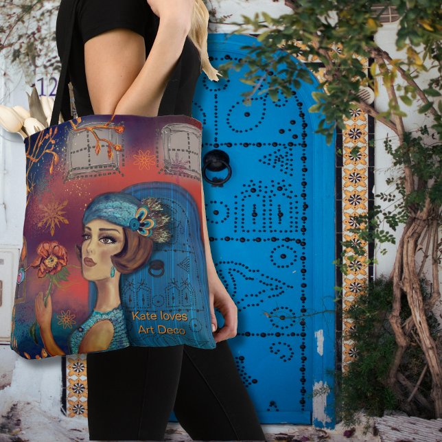 Art Deco Kvinna Orange Blå Tygkasse (Art Deco Woman Orange Blue Tote Bag)