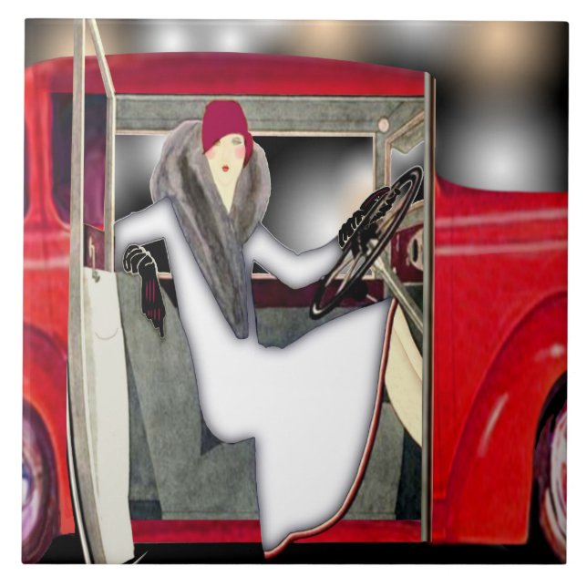 Art Deco-kvinnor i röda sportbilar Kakelplatta (Framsidan)