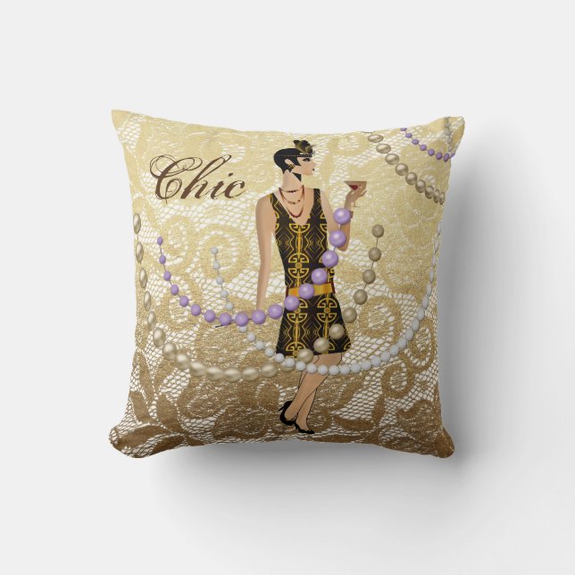 Art Deco Lady Guld Blommig Spets Kudde (Framsida)