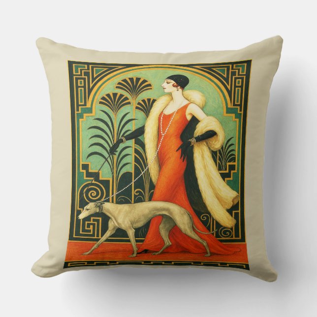 Art Deco Lady with Dog  Kudde (Framsida)