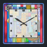 Art Deco-lagat glas 1 Fyrkantig Klocka<br><div class="desc">10, 75-tums x 10, 75-tums akrylväggklocka med en bild av en nedfläckad glasbild med Art Deco-flair,  vilket påminner om vissa 1920-talsverk. Lättläst klocka ansikte på vit transparent ruta med tunt svart gräns. Visa hela samlingen för detta och klockan i avsnittet HOME.</div>