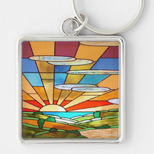 Art Deco-lagat glas 1 Fyrkantig Silverfärgad Nyckelring