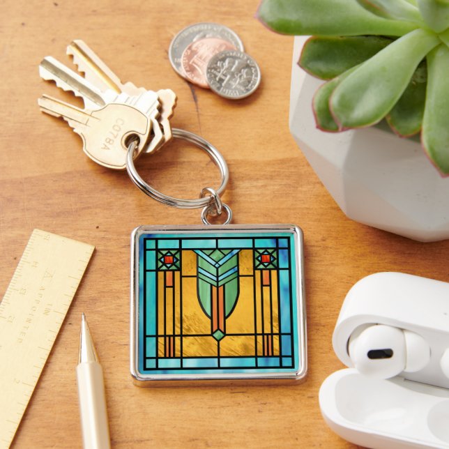 Art Deco-lagat glas 3 Fyrkantig Silverfärgad Nyckelring (Skrivbord)